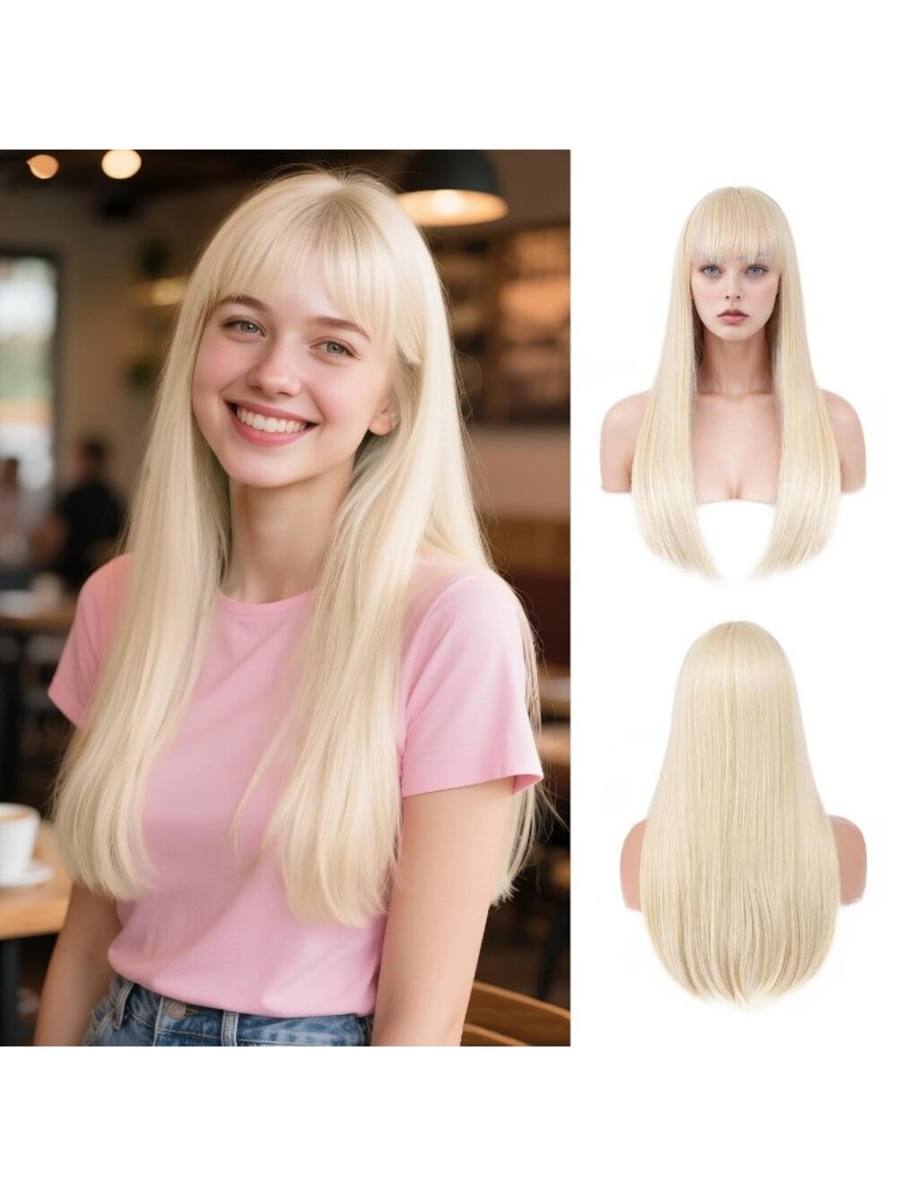Women's Blonde 24 Inch Heat Resistant Synthetic Long Straight Bangs Wig